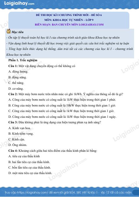 Đề thi học kì 1 KHTN 9 Kết nối tri thức - Đề số 6
